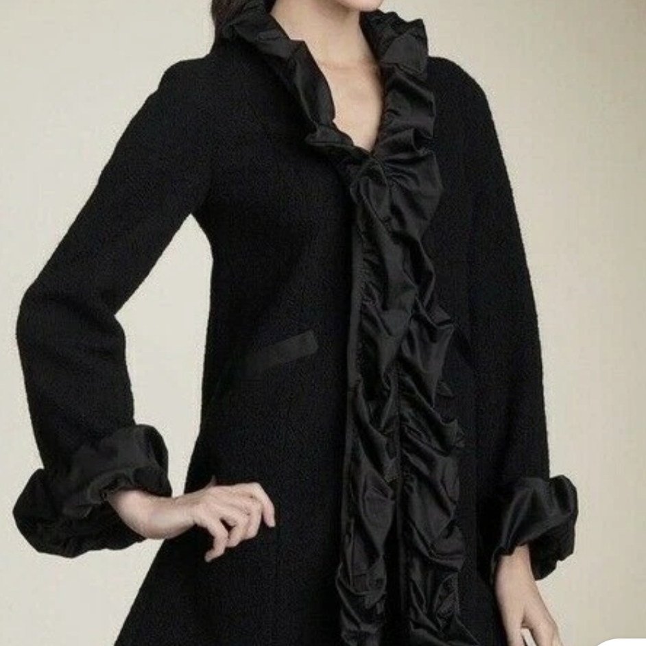 Nanette Lepore Women's Black Ruffle Trim "Red Carpet" Wool Blend Coat Size Large